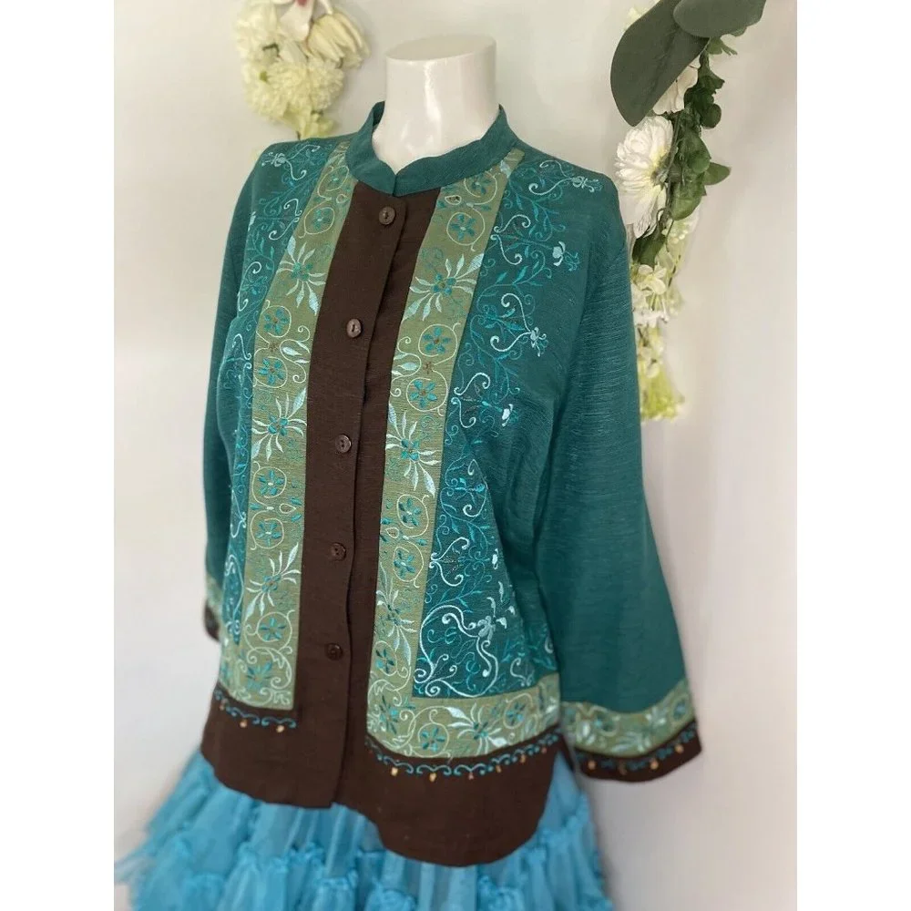 Erin London Womens L Silk Button Down Embroidered Jacket Blazer Green Vintage - Picture 8 of 16